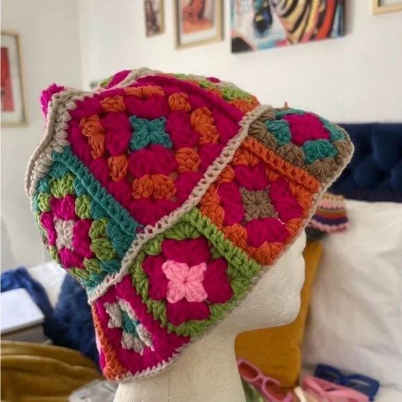 Multi Bright Printed Floral Knit Crochet Fisherman Hat OS New - Picture 7 of 9